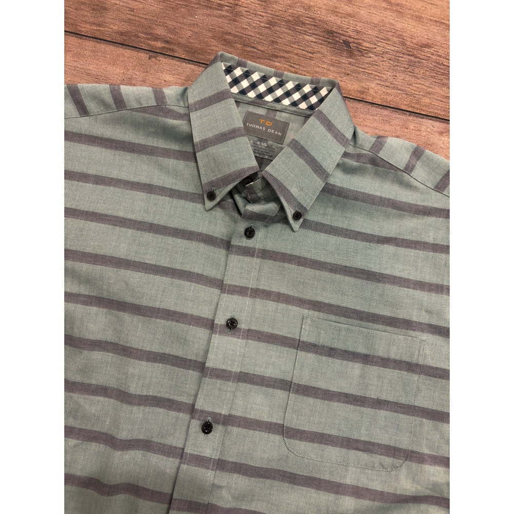 Thomas Dean Mens Sage Green Grey Striped Long Sleeve Button Down Shirt Large